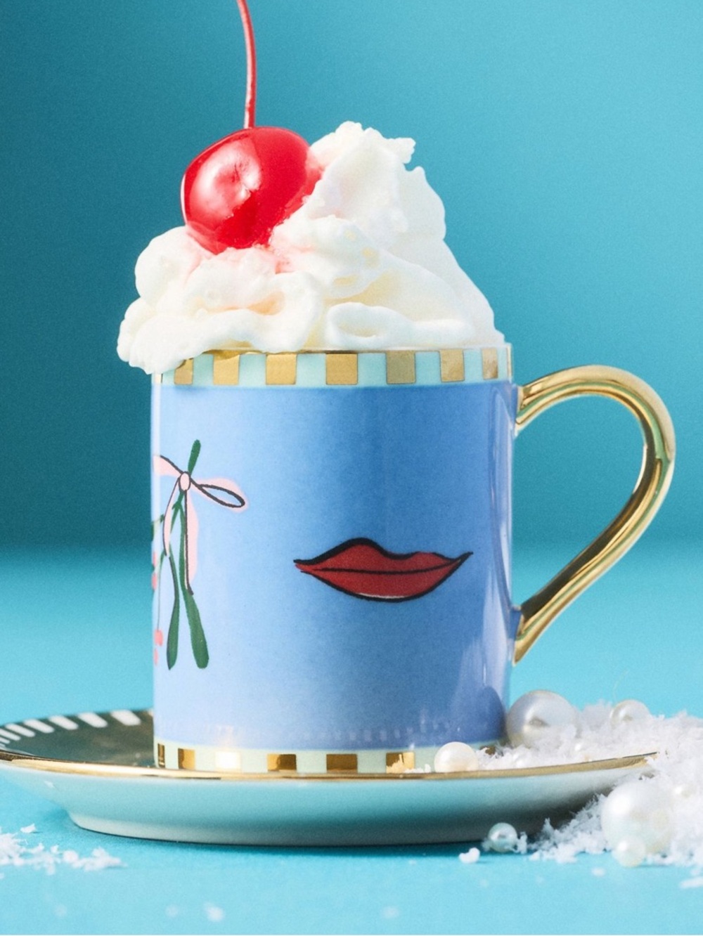 🌲Anthropologie Caroline Stoneware Holiday Espresso Cup and Saucer NEW Mistletoe